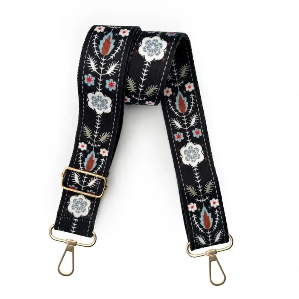 Boho Floral Embroidered Adjustable Bag Strap Black Gold Hardware - Picture 5 of 5